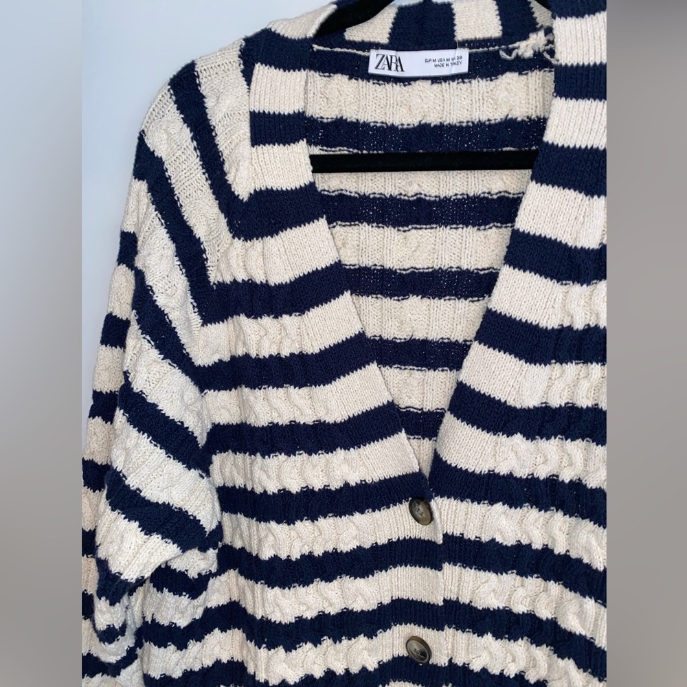 Zara Navy and Cream Striped Cardigan
